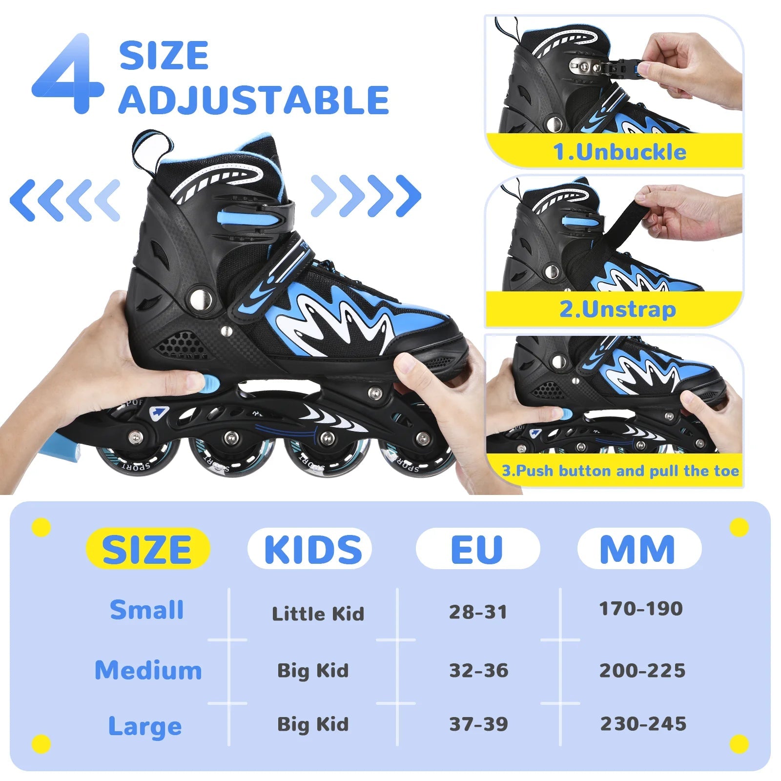 Kids adjustable roller blades with light-up wheels and secure triple closure system for boys and girls